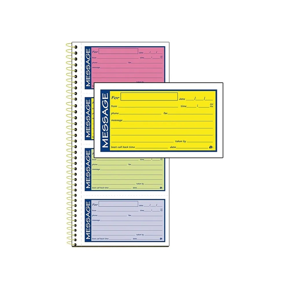 Notepads|Adams High Impact Phone Message Pad, 5.25" x 11", Wide Ruled, Blue/Yellow/Green/Pink, 50 Sheets/Pad (SC1153RB)