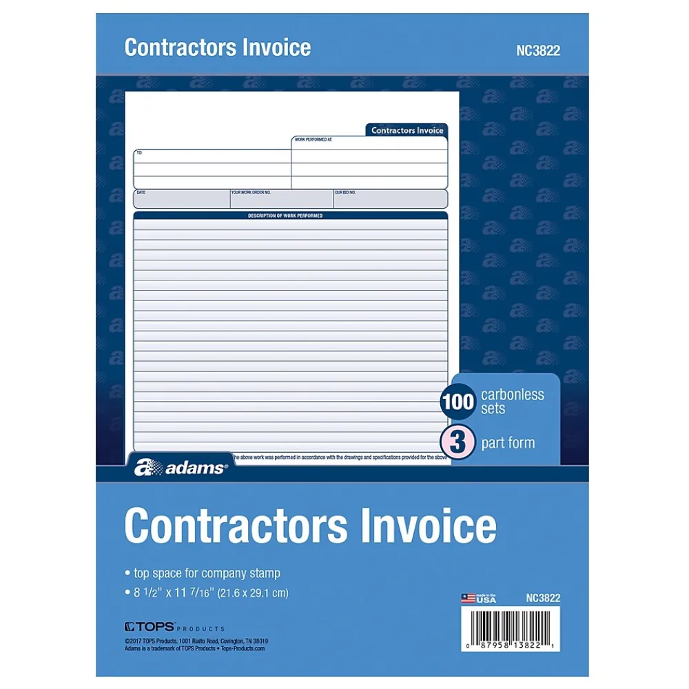 Business Forms*Adams 3-Part Carbonless Contractors Invoice Forms, 8.5"W x 11.44"L, 100/Pack (ABF NC3822)