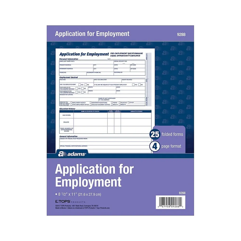 Hr Forms*Adams 4-Part Employment Applications, 25/Pack (ABF 9288ABF)
