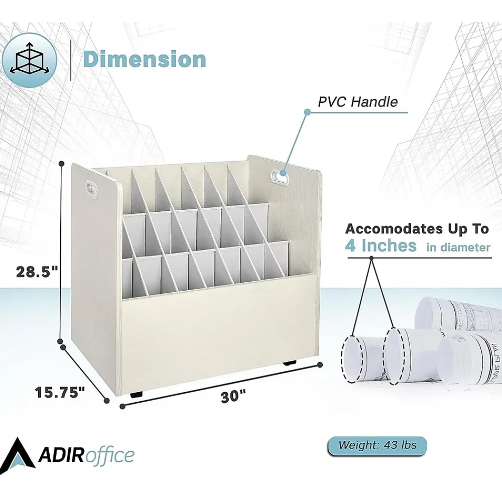 File Cabinets*AdirOffice 21-Slot Mobile Roll File, 28.5"H x 30"W x 15.75"D, White, 2/Pack (625-WHI-2PK)