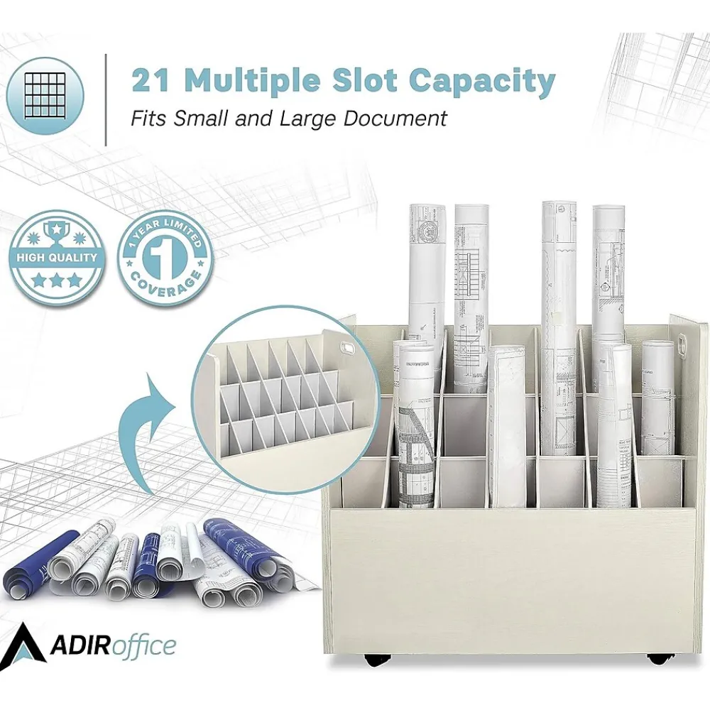 File Cabinets*AdirOffice 21-Slot Mobile Roll File, 28.5"H x 30"W x 15.75"D, White, 2/Pack (625-WHI-2PK)