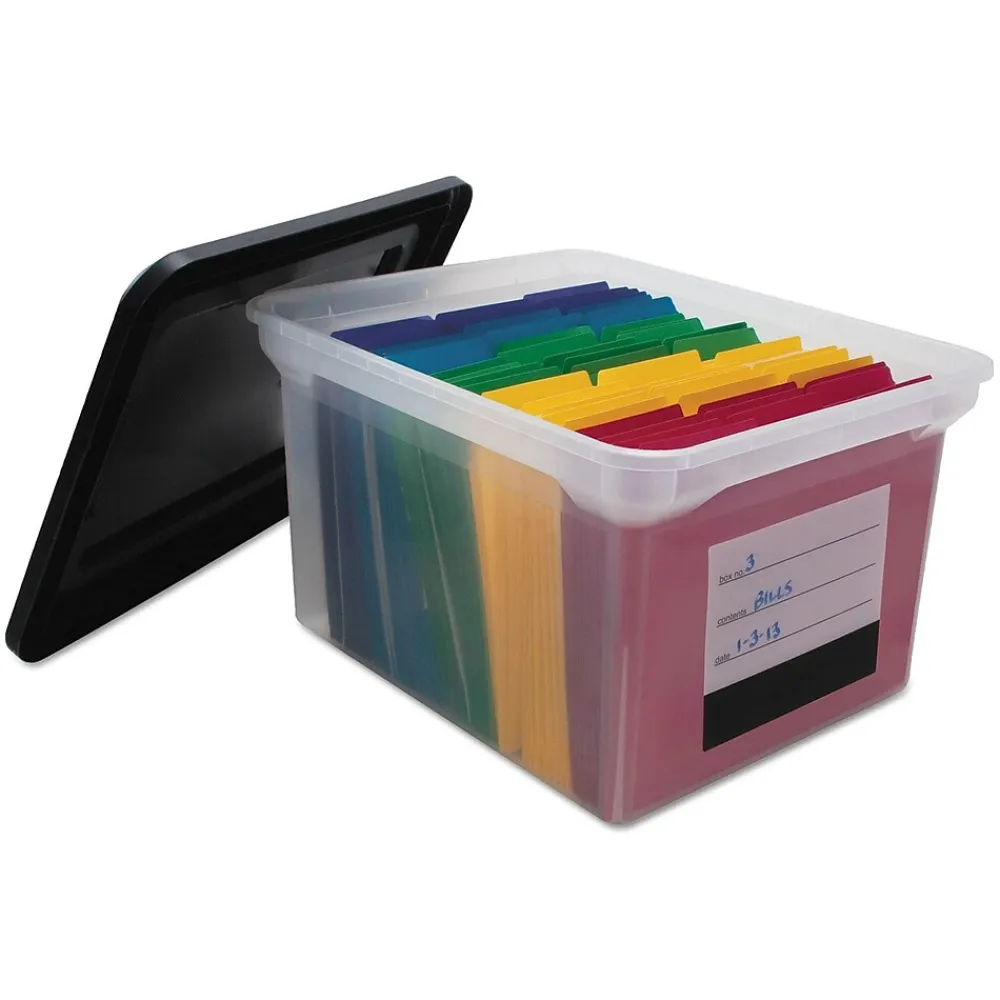 File Storage|Advantus File Tote Storage Box with Snap-on Lid Closure, Letter/Legal, Clear/Black (55802)