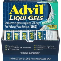 Liqui-Gels Pain Reliever/Fever Reducer, Solubilized Ibuprofen 200mg, 2/Packet, 50 Packets/Box (016902)<Advil Hot