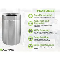 Commercial Indoor Trash Can, 50 Gallon, Stainless Steel (475-50)<Alpine Industries Clearance