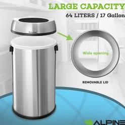 Commercial Indoor Recycling Trash Can, 17 Gallon, Stainless Steel (ALP470-65L-R-T-CO)<Alpine Industries