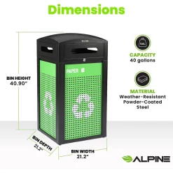 GS Series Steel Recycling Bin, 40 Gallon, Green (ALP471-40-GS-S)<Alpine Industries New