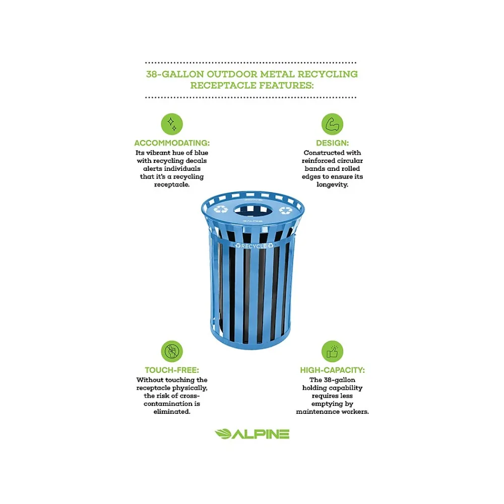 Metal Commercial Outdoor Recycling Receptacle, 38-Gallon, Black/Blue (479-38-BLU)<Alpine Industries Sale