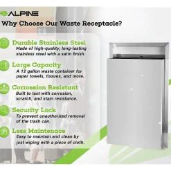 Metal Indoor Trash Can, 12 Gallon, Stainless Steel (493)<Alpine Industries Best