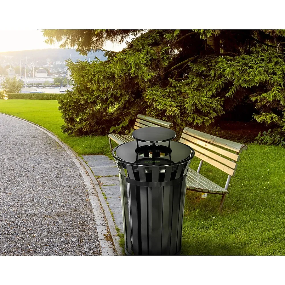 Metal Slatted Outdoor Commercial Trash Can with Rain Bonnet Lid and Liner, , 38 Gal. (479-38-1)<Alpine Industries Clearance