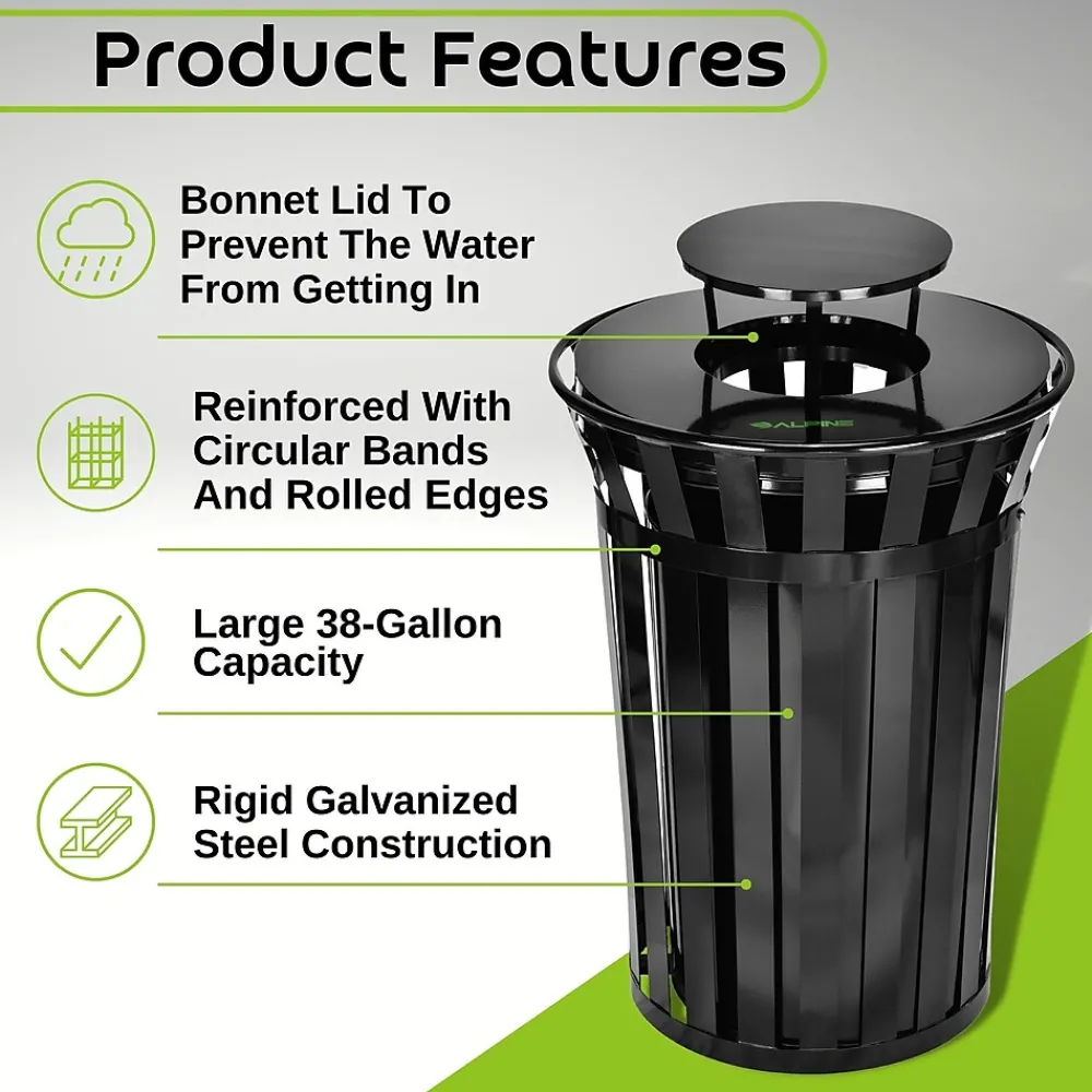 Metal Slatted Outdoor Commercial Trash Can with Rain Bonnet Lid and Liner, , 38 Gal. (479-38-1)<Alpine Industries Clearance