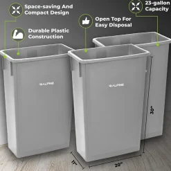 Polypropylene Commercial Indoor Trash Can with Dolly, 23-Gallon, Gray, 3/Pack (ALP477-GRY-3PKD)<Alpine Industries Clearance