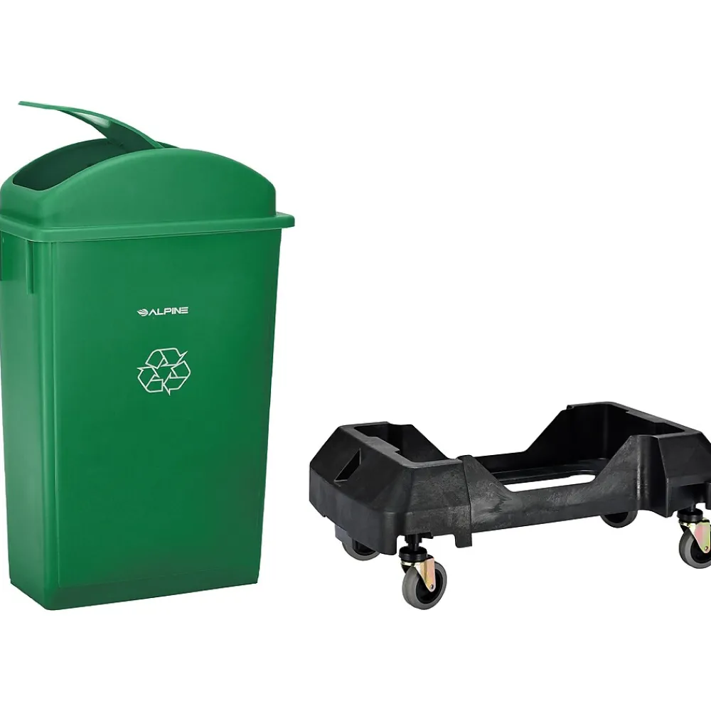 Polypropylene Recycling Bin with Swing Lid and Dolly, 23-Gallon, Green (ALP477-GRN1-PKD)<Alpine Industries New