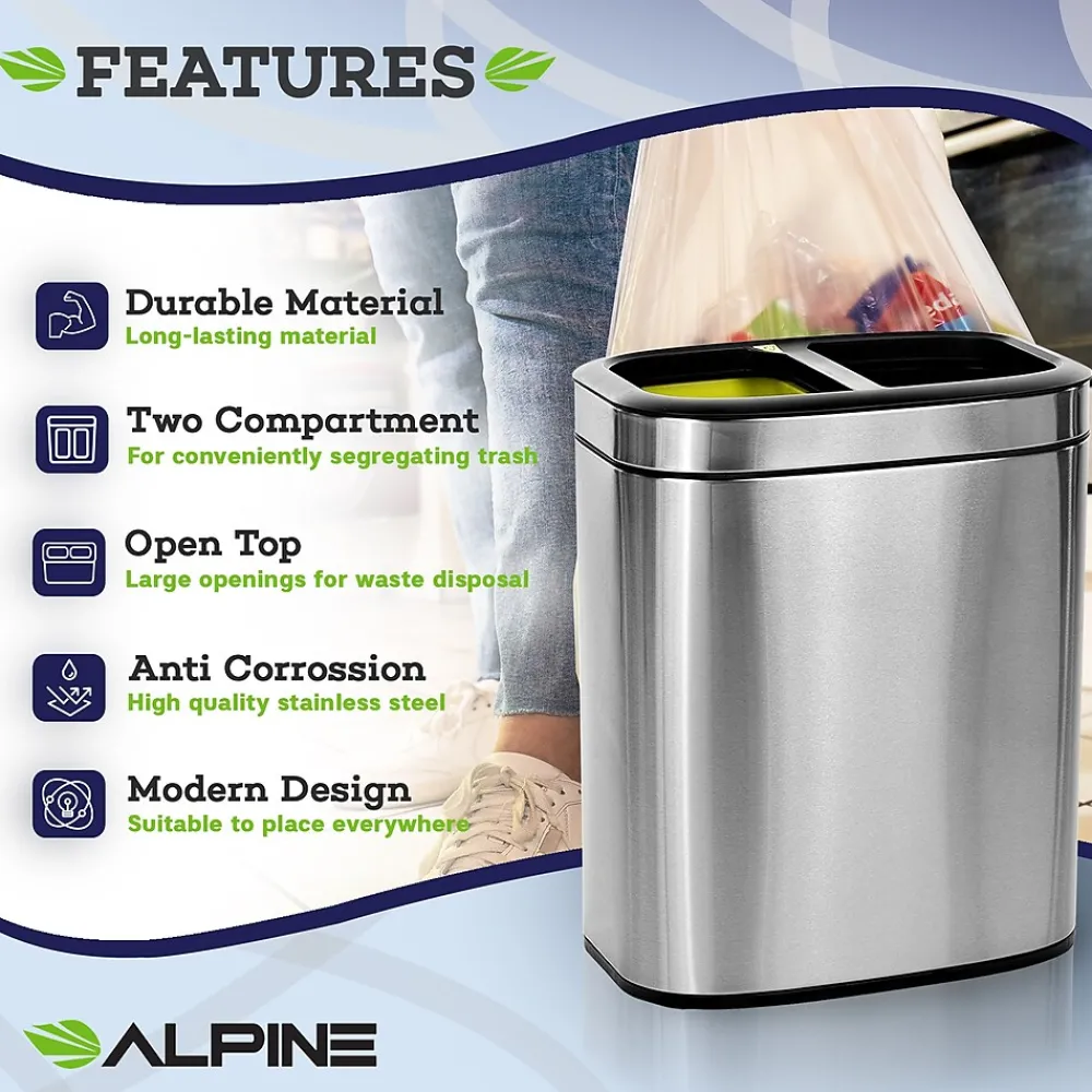 Stainless Steel Indoor Trash Can, 10.5 Gallon, Silver (470-R-40L)<Alpine Industries Discount