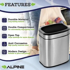 Stainless Steel Indoor Trash Can with Liner, 2.6 Gallon, Silver (470-10L)<Alpine Industries New