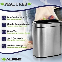 Stainless Steel Indoor Trash Can, 5.3 Gallon, Silver, 2/Pack (470-20L-2PK)<Alpine Industries New