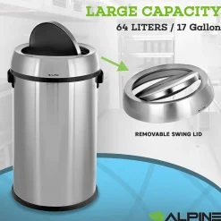 Stainless Steel Trash Can with Swing Lid, 17-Gallon (ALP470-65L-1)<Alpine Industries Online