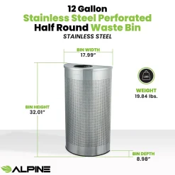 Stainless Steel Perforated Half Round Trash Can, 12 Gallon, (ALP438-12HR-SS)<Alpine Industries Online