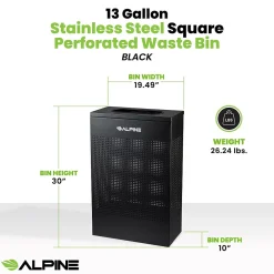 Stainless Steel Trash Can, 13 Gallon, Black (ALP438-13-BLK)<Alpine Industries New