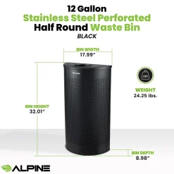 Stainless Steel Trash Can, 12 Gallon, Black (ALP438-12HR-BLK)<Alpine Industries