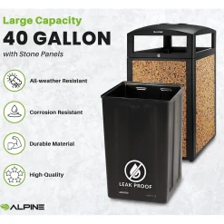 Steel Outdoor Trash Can with Covered Top and Open Sides, 40-Gallon, Black/Stone, 2/Pack (ALP472-40-STO-2PK)<Alpine Industries Best