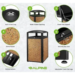 Steel Outdoor Trash Can with Covered Top and Open Sides, 40-Gallon, Black/Stone, 2/Pack (ALP472-40-STO-2PK)<Alpine Industries Best