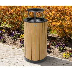 Steel Outdoor Trash Can with Rain Bonnet Lid, 32 Gallon, Cedar/Black (ALP4400-01-CD-RB)<Alpine Industries Online