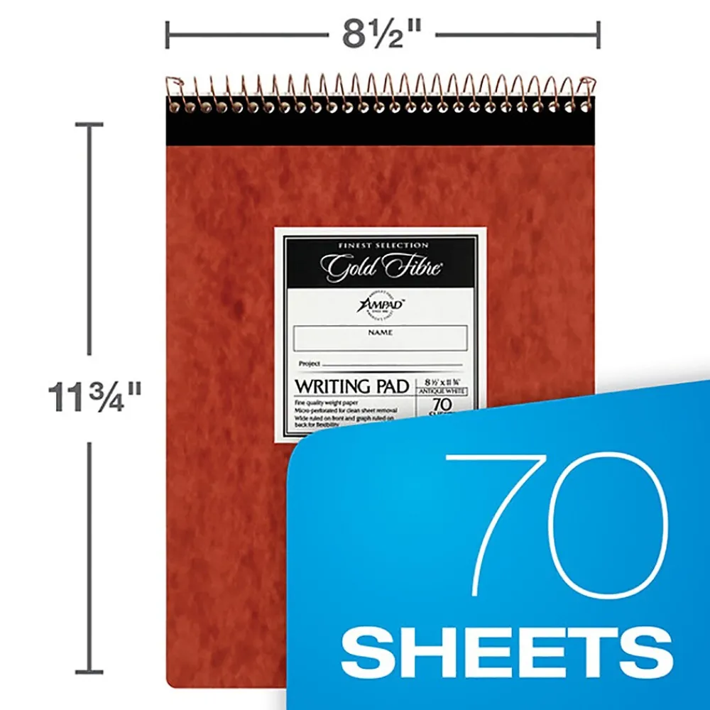 Notepads|Ampad Gold Fibre Retro Writing Pad, 8.5" x 11.75", Wide Ruled, White, 70 Sheets/Pad (20-008R)