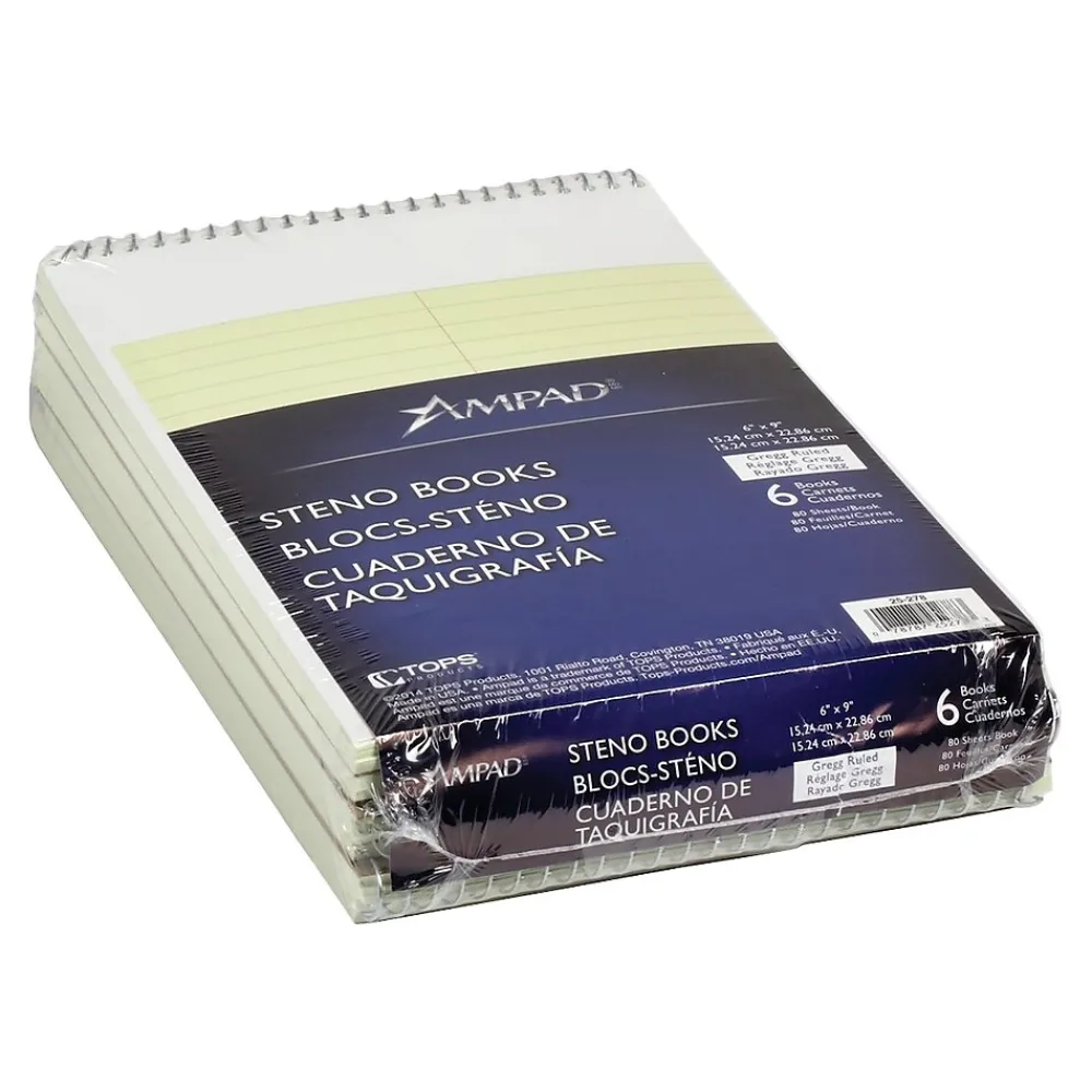 Notepads|Ampad Steno Book, 6" x 9", Gregg Ruled, Green Tint, 80 Sheets/Pad, 6 Pads/Pack (TOP 25-278)