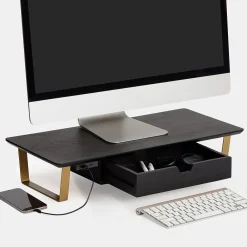Anji Mountain Mango Wood & Metal Monitor Stand with Two USB Ports and Drawer, (MS-BLK-06GLD-PD) Black and Gold