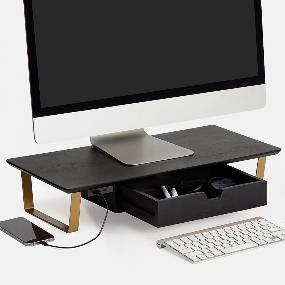 Anji Mountain Mango Wood & Metal Monitor Stand with Two USB Ports and Drawer, (MS-BLK-06GLD-PD) Black and Gold