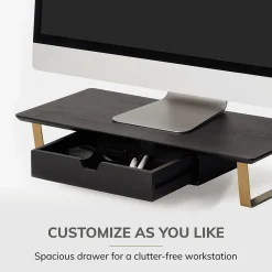 Anji Mountain Mango Wood & Metal Monitor Stand with Two USB Ports and Drawer, (MS-BLK-06GLD-PD) Black and Gold