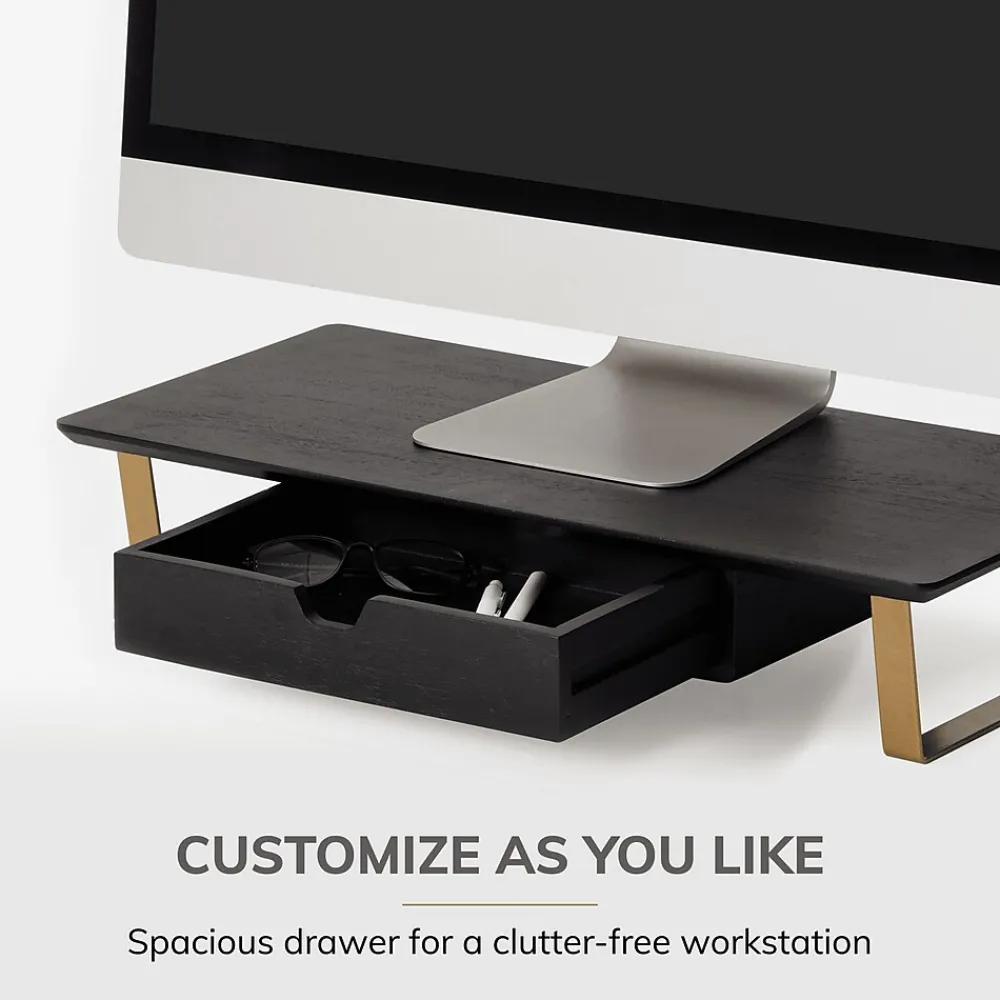 Anji Mountain Mango Wood & Metal Monitor Stand with Two USB Ports and Drawer, (MS-BLK-06GLD-PD) Black and Gold