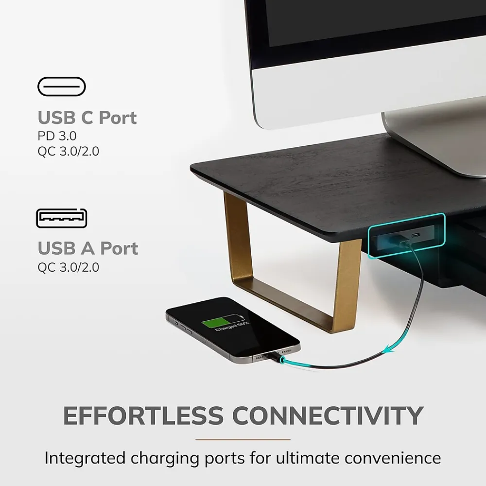 Anji Mountain Mango Wood & Metal Monitor Stand with Two USB Ports and Drawer, (MS-BLK-06GLD-PD) Black and Gold