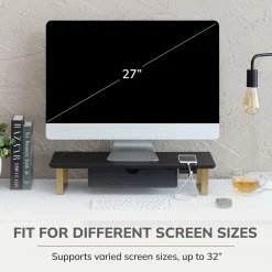 Anji Mountain Mango Wood & Metal Monitor Stand with Two USB Ports and Drawer, (MS-BLK-06GLD-PD) Black and Gold