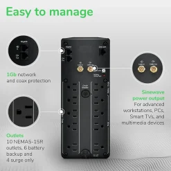 APC Series 1000VA Battery Backup 10-Outlet UPS, Black (BR1000MS)