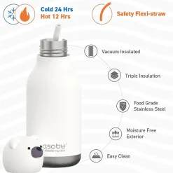 ASOBU Bestie Bottle Teddy Bear Vacuum Insulated Stainless Steel Water Bottle with Reusable Flexi Straw, 16 oz., White (SBV44BE)