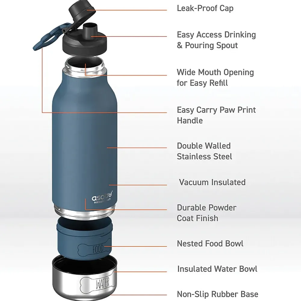 ASOBU Buddy 3-in-1 Water Bottle with Removable Dog Bowl & Food Compartment, 32 oz., Blue (SDB2)