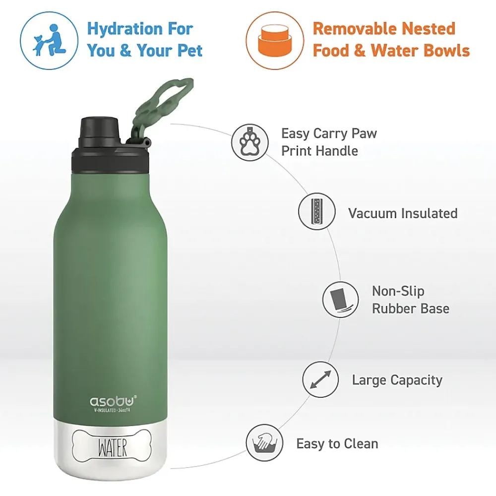 ASOBU Buddy 3-in-1 Water Bottle with Removable Dog Bowl & Food Compartment, 32 oz., Basil Green (SDB2)
