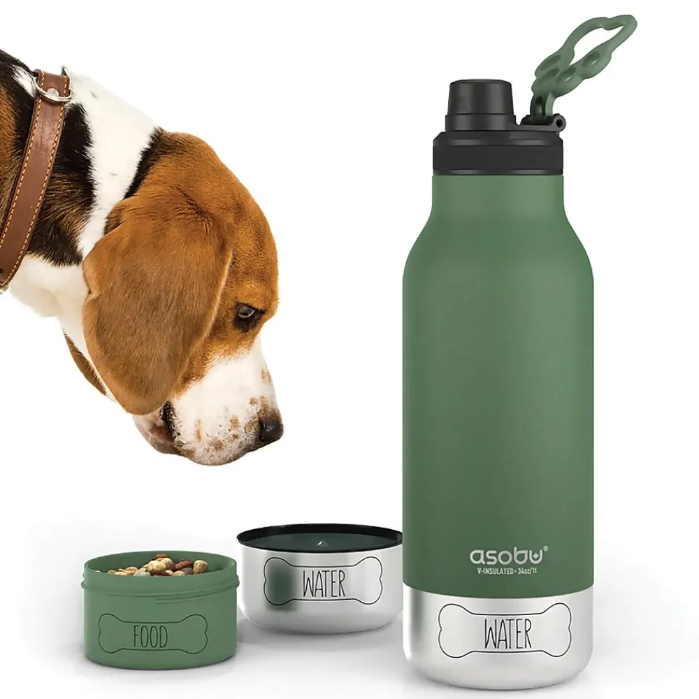 ASOBU Buddy 3-in-1 Water Bottle with Removable Dog Bowl & Food Compartment, 32 oz., Basil Green (SDB2)