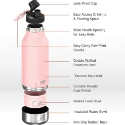 ASOBU Buddy 3-in-1 Water Bottle with Removable Dog Bowl & Food Compartment, 32 oz., Pink (SDB2)