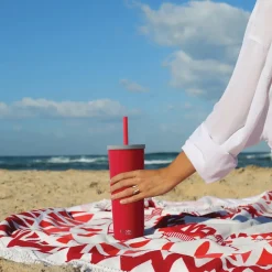 Ocean Double-Walled Vacuum-Insulated Stainless Steel Travel Tumbler with Flexible Straw & Dual Lids, 27 oz., Red (ICT27)<ASOBU New