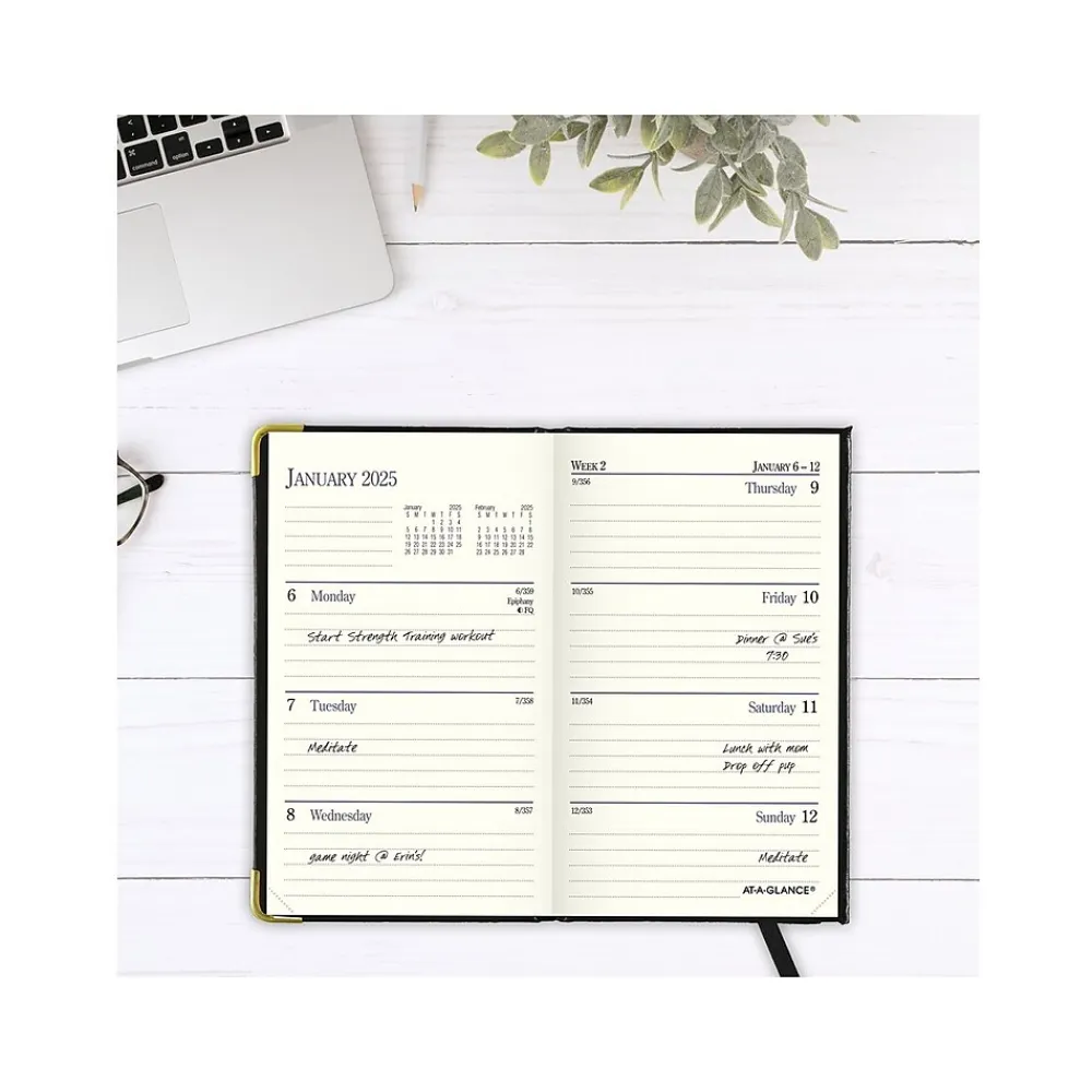 Journals|AT-A-GLANCE Fine Pocket Hardcover Diary, 3" x 5", Ruled, Black (70-1111-05-25)