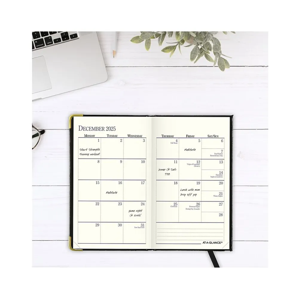 Journals|AT-A-GLANCE Fine Pocket Hardcover Diary, 3" x 5", Ruled, Black (70-1111-05-25)