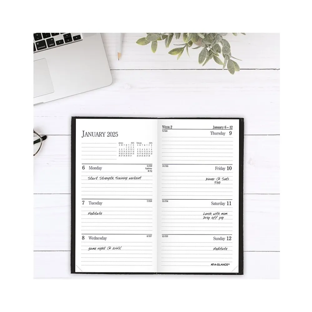 Journals|AT-A-GLANCE Fine Pocket Hardcover Diary, 3" x 6", Ruled, Black (72-02-05-25)