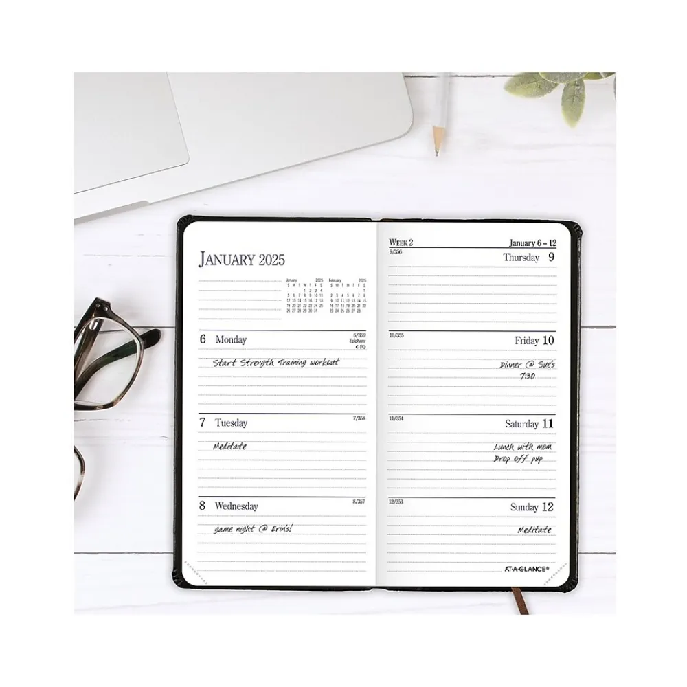 Journals|AT-A-GLANCE Fine Pocket Hardcover Diary, 3" x 6", Ruled, Black/Brown (74-02-05-25)