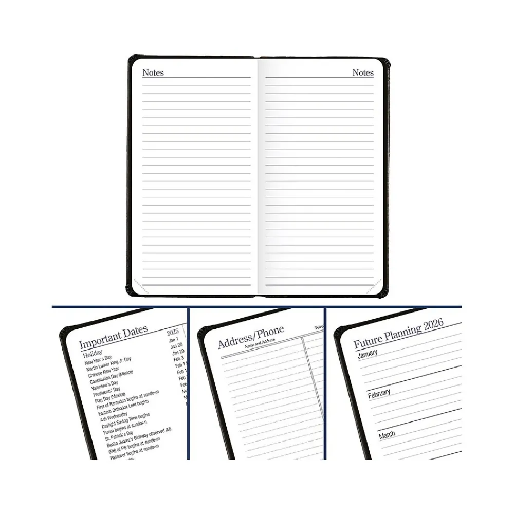 Journals|AT-A-GLANCE Fine Pocket Hardcover Diary, 3" x 6", Ruled, Black/Brown (74-02-05-25)