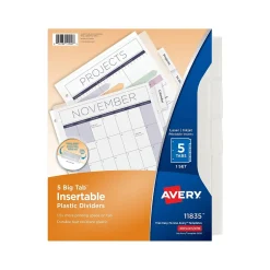 Dividers|Avery Big Tab Insertable Plastic Dividers, 5 Tab, Clear (11835)