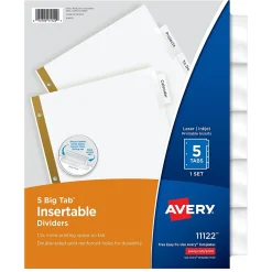 Dividers|Avery Big Tab Insertable Paper Dividers, Clear 5 Tab, White (11122)
