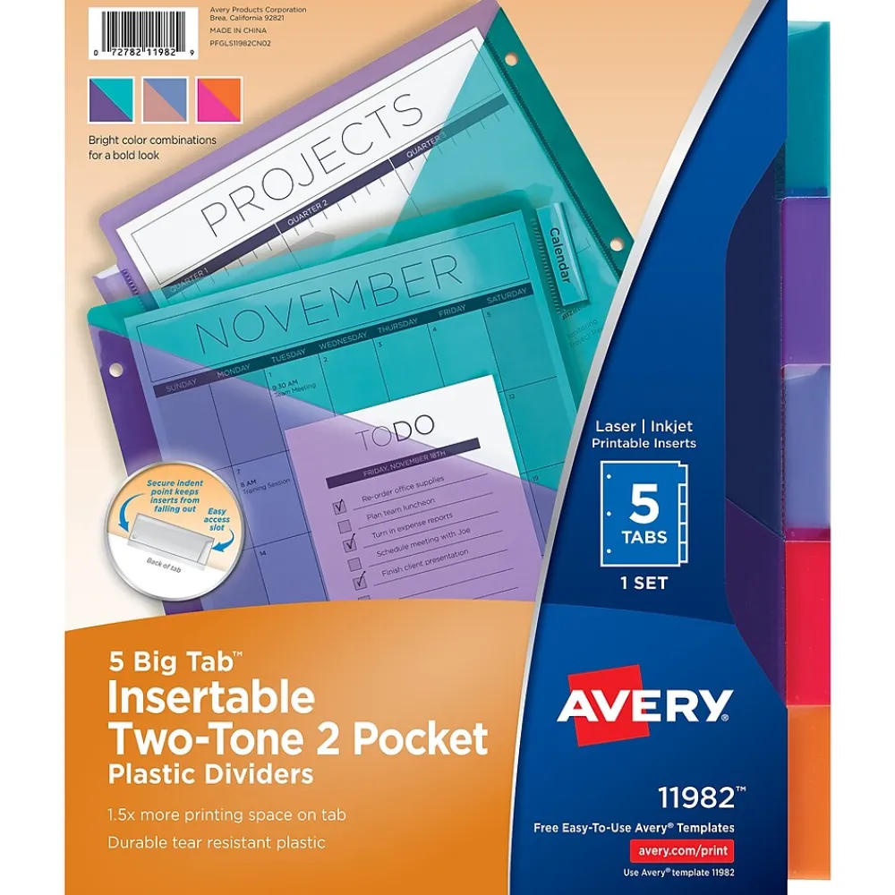 Dividers|Avery Big Tab Insertable Plastic Dividers with 2 Pockets, 5 Tabs, Two-Tone Multicolor (11982)