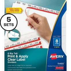 Dividers|Avery Big Tab Print & Apply Label Blank Dividers, 8-Tab, Clear, 5/Set (11493)